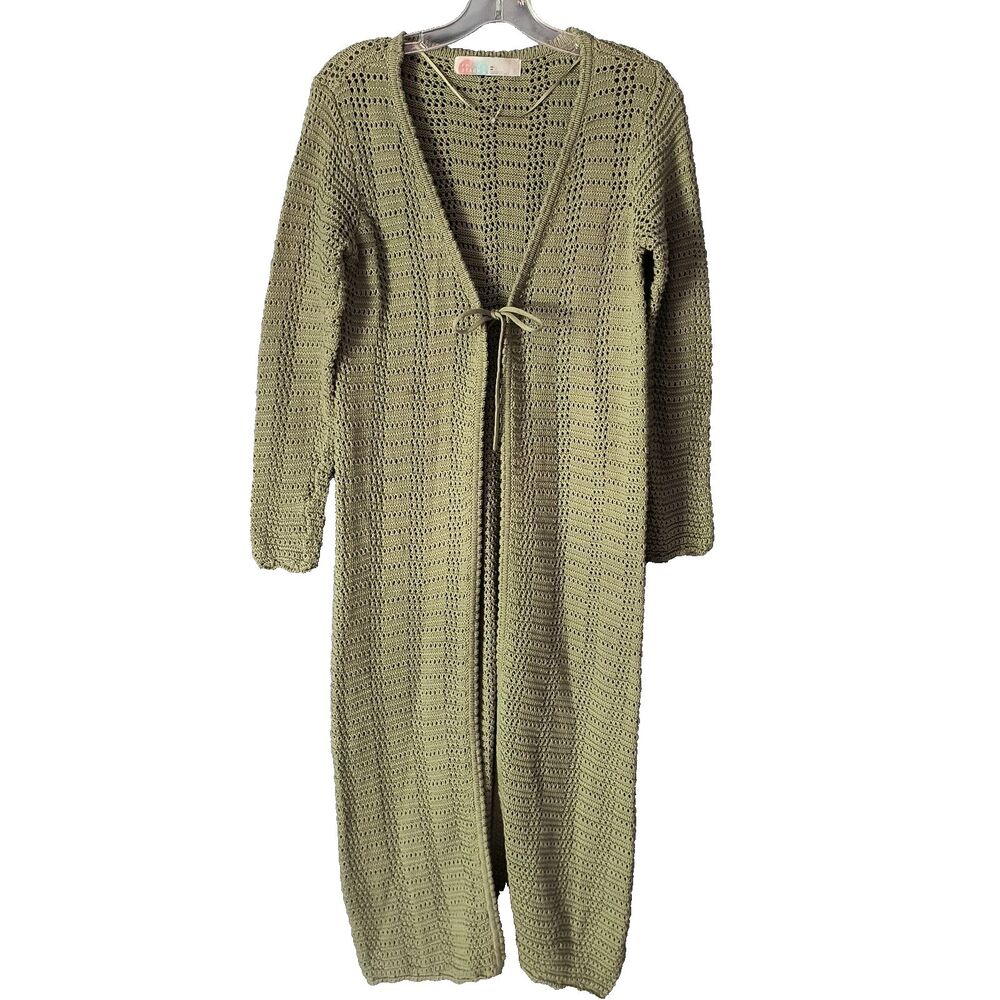 Free People Beach Duster Cardigan Sweater Green XS Cotton Tie Long Boho Vacation
